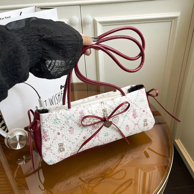 ▶1Pcs Sweet Bow Shoulder Bag Cartoon Print Underarm Bag Female Tote Bag Large Capacity Commuter Handbag Holiday Gift