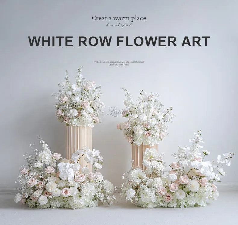 White Pink Floor Flower Row Decor Wedding Backdrop Table Centerpiece Floral Ball Baby's Breath Rose Stage Aisle Floor Flower