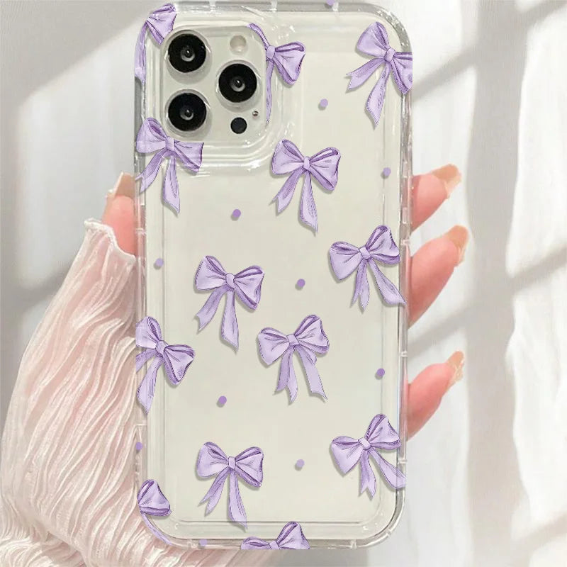 Purple bow pattern transparent phone case suitable for iPhone 17 16 15 14 13 12 11 Pro/Max/Plus anti drop and shockproof