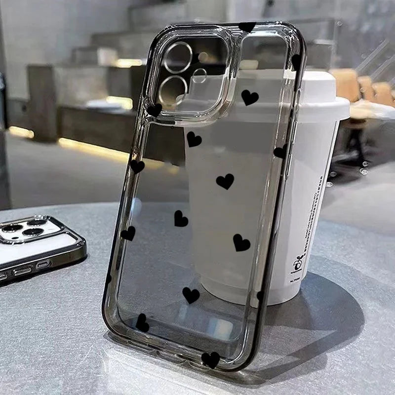 Cute Cartoon Love Heart Phone Case For iPhone 16 17 Air Pro Max 14 12 13 11 15 Case Mini 7 8 Plus Transparent Soft Cover