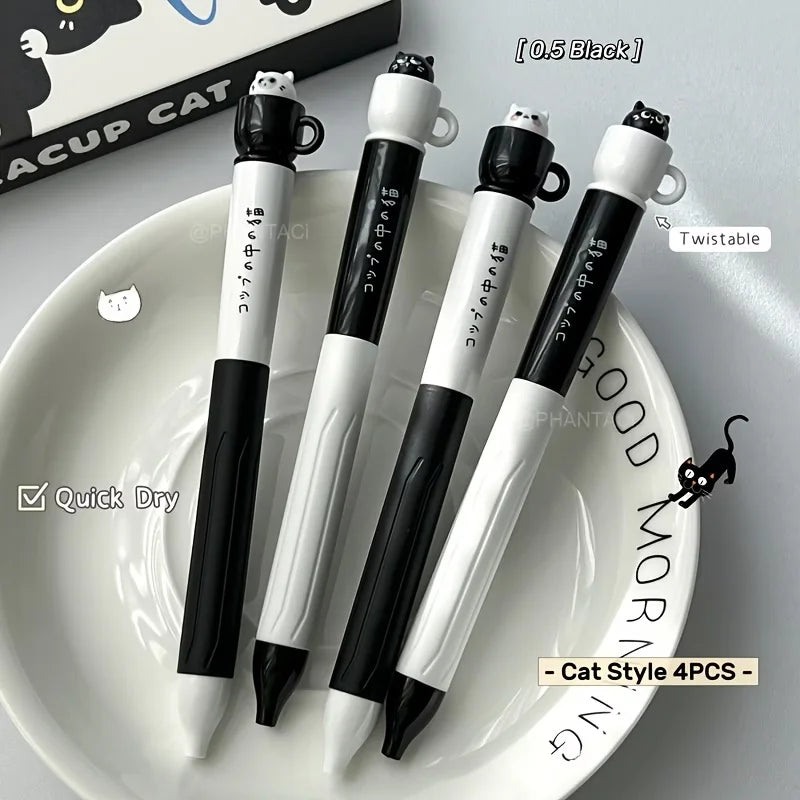 4pcs Cute Cat Pens 0.5mm Quick-Dry Black Cup Writing Pens Perfect for Office School Supplies School Stationery Playful Design