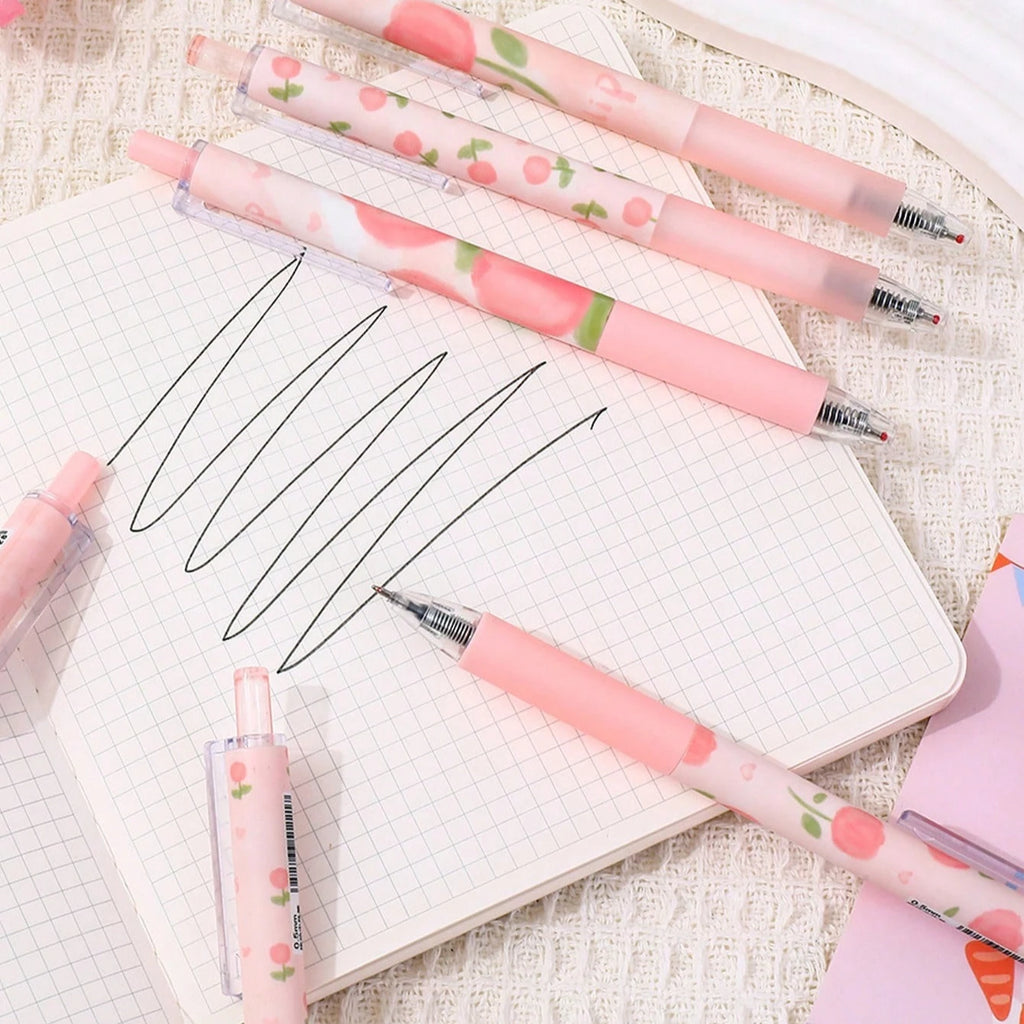 6pcs Cute Floral Gel Pens, 0.5mm Fine Point Black Ink – Smooth Writing Retractable Pens, Pink Tulip Design