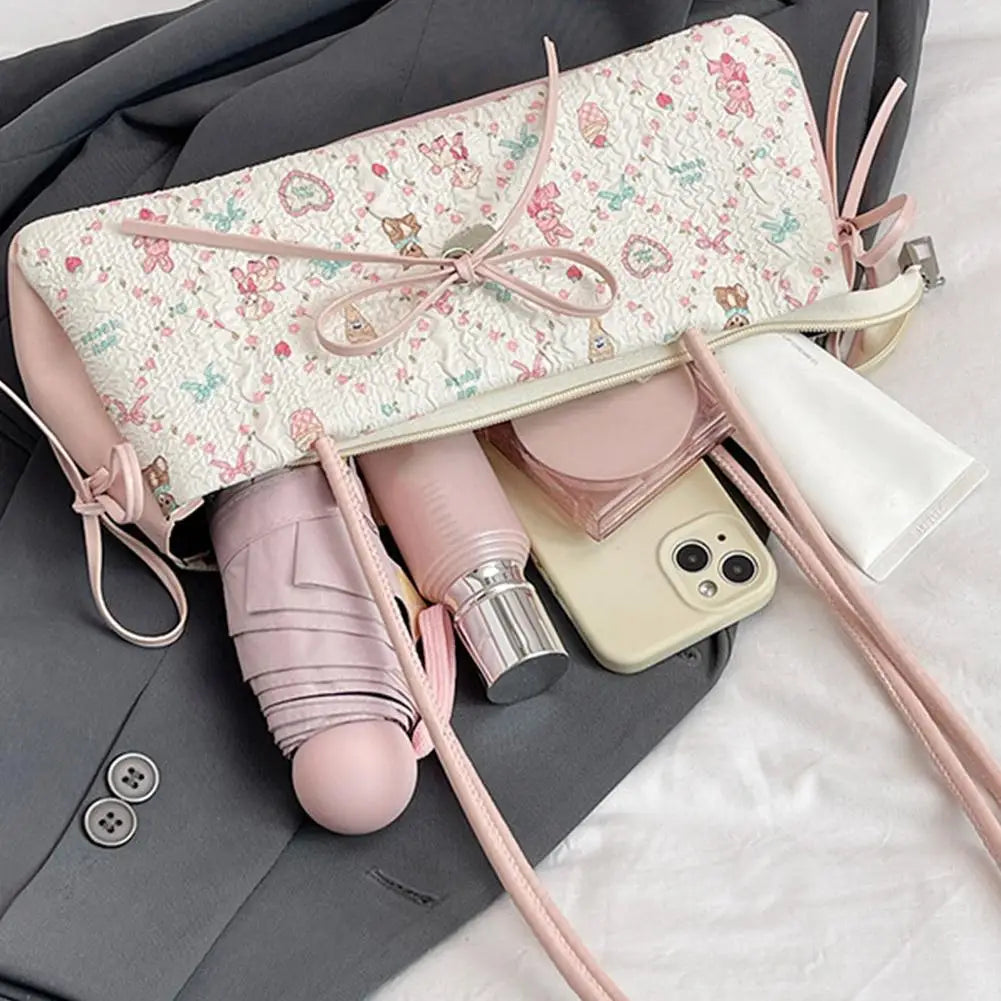 Cartoon Print Shoulder Bag for Women - Sweet Bow Underarm Bag, Pleated Versatile Tote, Casual Practical Commuter Handbag