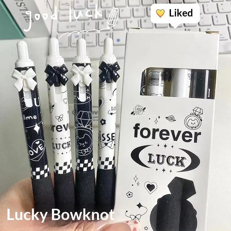 New 4 Pcs Black And White Bow Press Pen Soft Grip Super High Value 0.5mm Brush Question Quick Drying Press Cartoon Neutral Pen