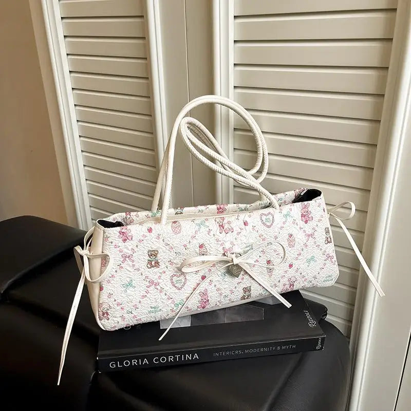 ▶1Pcs Sweet Bow Shoulder Bag Cartoon Print Underarm Bag Female Tote Bag Large Capacity Commuter Handbag Holiday Gift