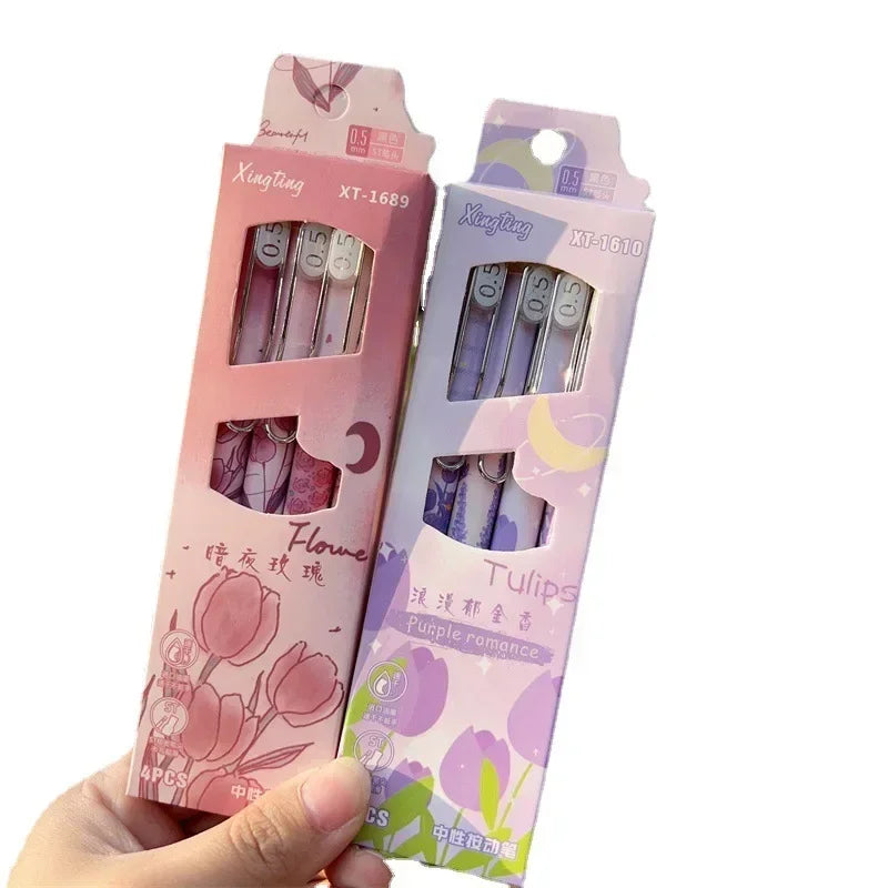 4pcs/box Aesthetic European Floral Gel Pen for Kids Girl 0.5mm Black Ink Study Staionery Writing Pen School Student Supplies