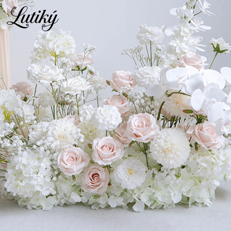 White Pink Floor Flower Row Decor Wedding Backdrop Table Centerpiece Floral Ball Baby's Breath Rose Stage Aisle Floor Flower