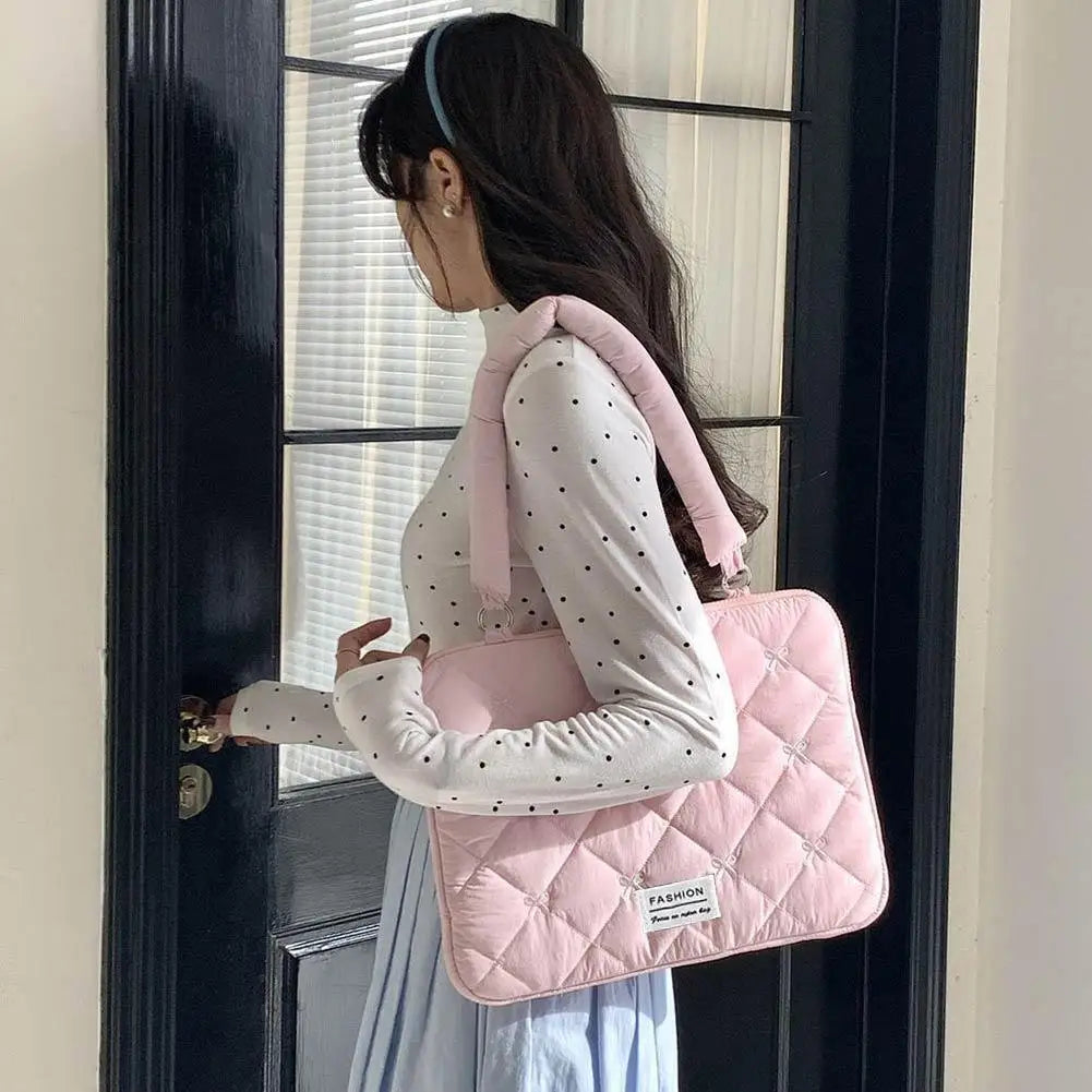 Cute Bow Embroidered Laptop Sleeve Bag For 11-15 Inch Portable Shoulder Handbag Fashion Notebook Case For Women