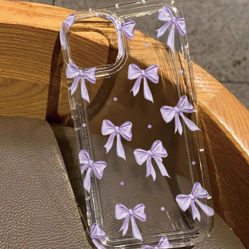 Purple bow pattern transparent phone case suitable for iPhone 17 16 15 14 13 12 11 Pro/Max/Plus anti drop and shockproof