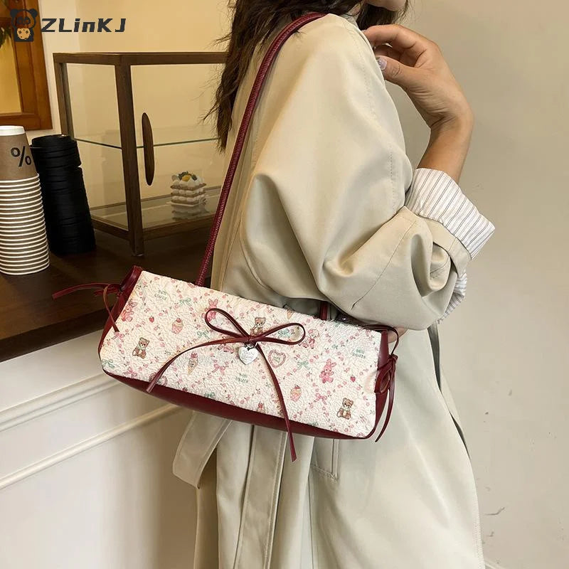 ▶1Pcs Sweet Bow Shoulder Bag Cartoon Print Underarm Bag Female Tote Bag Large Capacity Commuter Handbag Holiday Gift