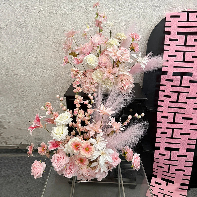 Artificial Hang Floral Arrangement Wedding Backdrop Arch Decor Pink White Rose Aisle Floor Flower Row Table Centerpieces Flower
