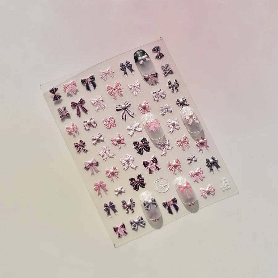 Pink Bow Nail Stickers 3D Rhinestone Nail Self-adhesive Manicure Stickers High Quality Decals Nail Art Decoration DIY Accessory