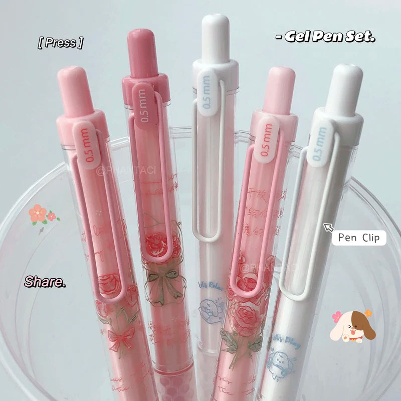 4PCS/Set Puppy Style Gel Pen Soft Grip Design 0.5mm Black Pen Rose Style Gel Pen Pen Clip Design Office Supplies