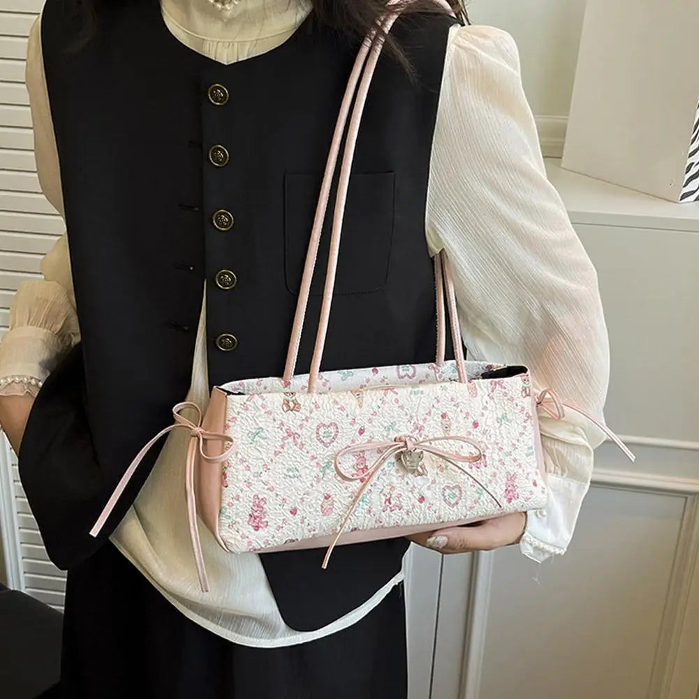 Cartoon Print Shoulder Bag for Women - Sweet Bow Underarm Bag, Pleated Versatile Tote, Casual Practical Commuter Handbag