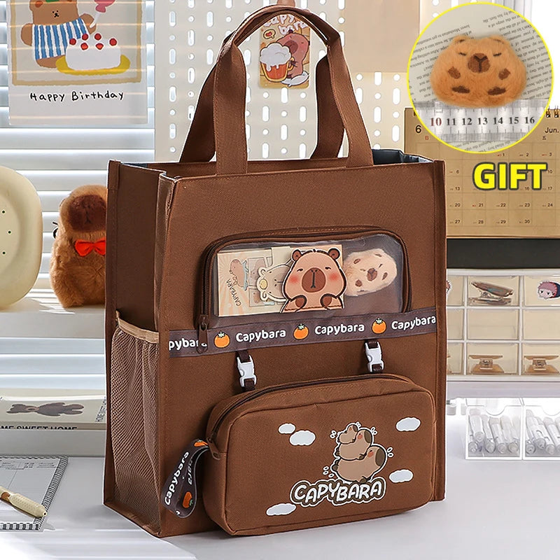 Kawaii Capybara Tutoring Bag, Primary School Student Canvas Storage File Bag, Cartoon Printing Large Capacity Tutoring Bag