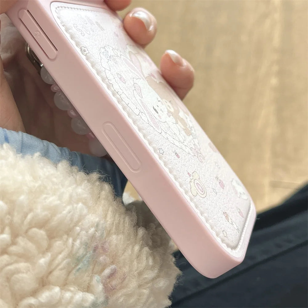 Cute Cherry Dessert Rabbit Leather Phone Case for iPhone 16 Pro 17 Pro Max 13 14 15 Funda with hinged Kawaii Shockproof Cover