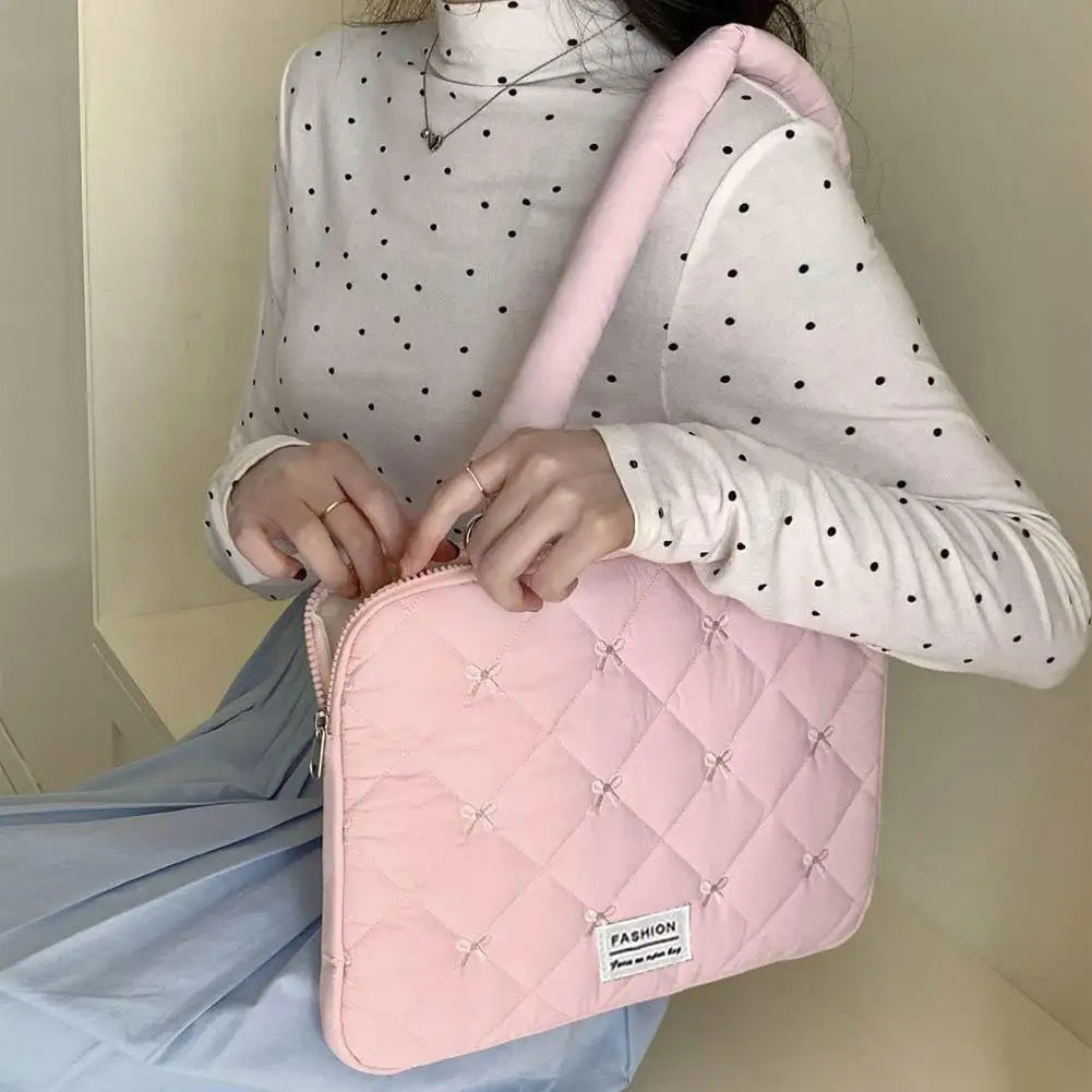 Cute Bow Embroidered Laptop Sleeve Bag For 11-15 Inch Portable Shoulder Handbag Fashion Notebook Case For Women