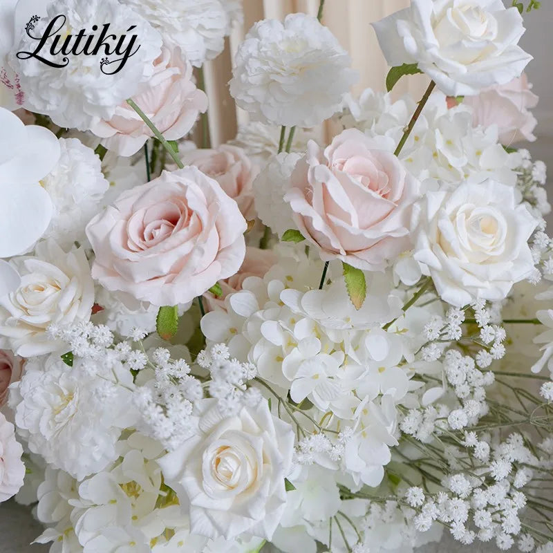 White Pink Floor Flower Row Decor Wedding Backdrop Table Centerpiece Floral Ball Baby's Breath Rose Stage Aisle Floor Flower