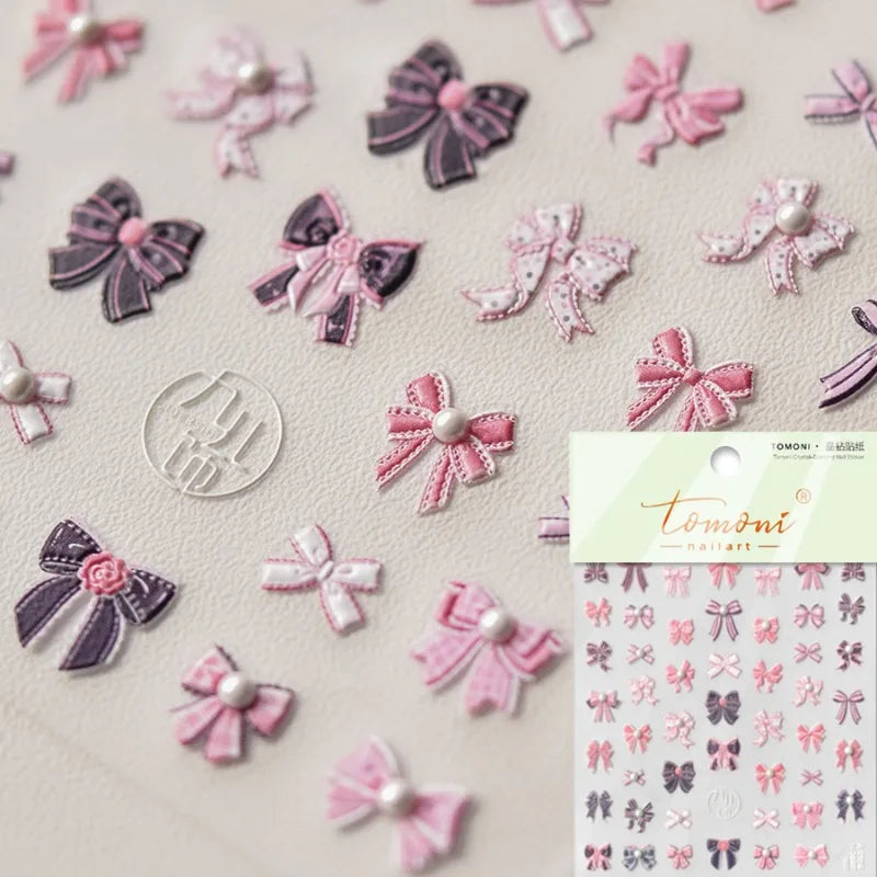 Pink Bow Nail Stickers 3D Rhinestone Nail Self-adhesive Manicure Stickers High Quality Decals Nail Art Decoration DIY Accessory