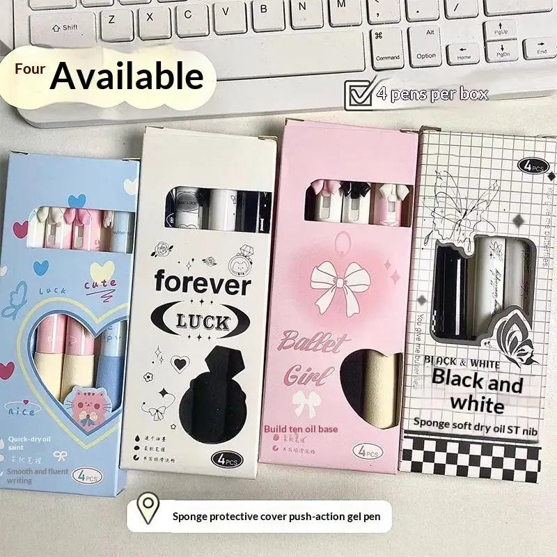 New 4 Pcs Black And White Bow Press Pen Soft Grip Super High Value 0.5mm Brush Question Quick Drying Press Cartoon Neutral Pen
