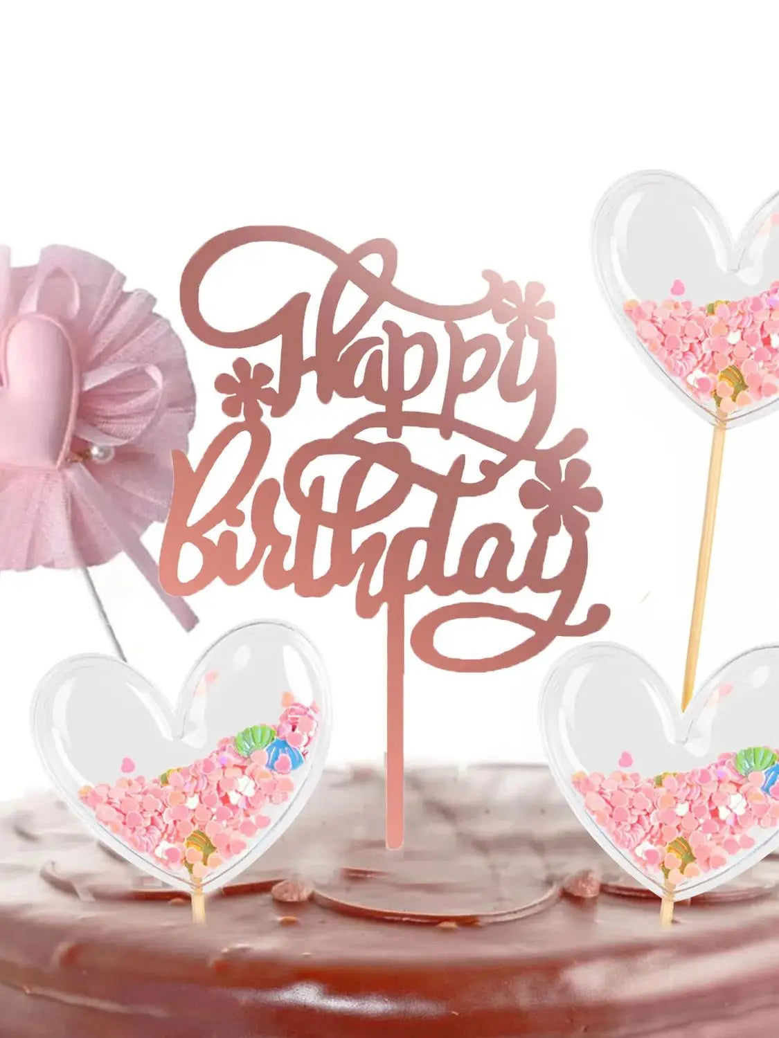 PinkHeart Happy Birthday Cake Topper  Birthday Cake Topper Lovely Heart Cupcake Toppers Picks Pink Cake Decorations for Birthday