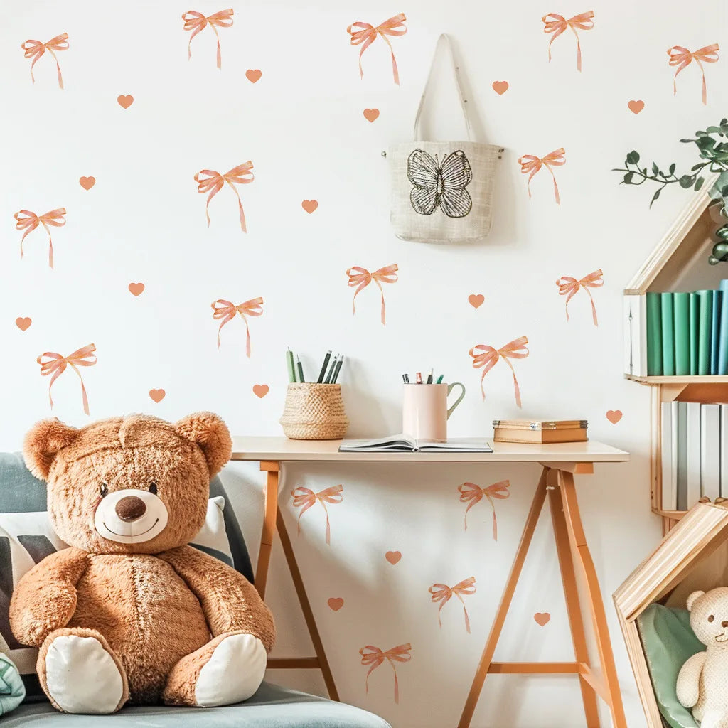 Creative Pink Bow Wall Sticker for Wardrobe Girl's Heart Bedroom Wall Sticker Love Image