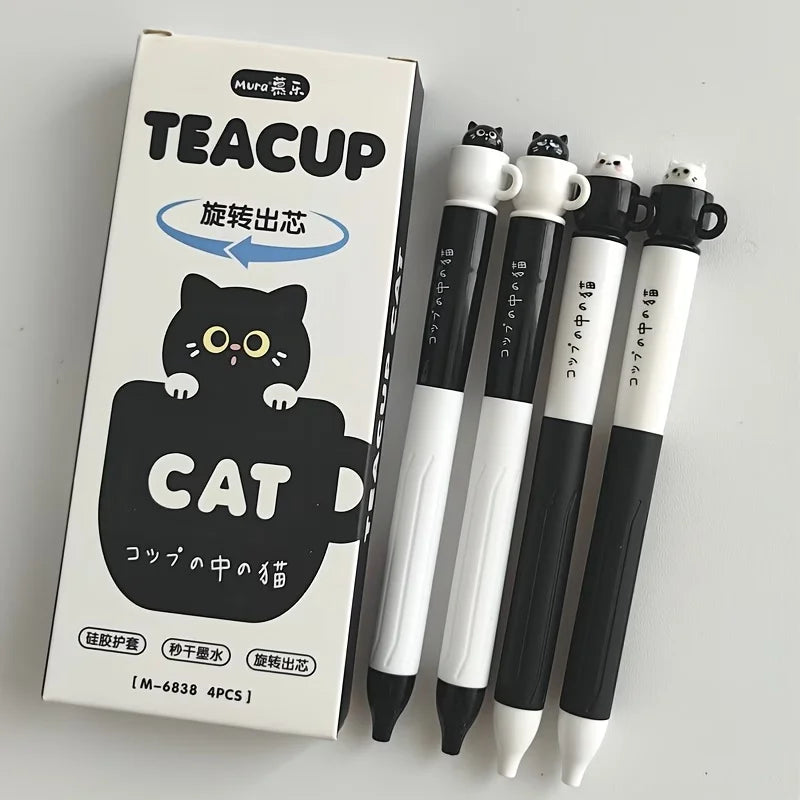 4pcs Cute Cat Pens 0.5mm Quick-Dry Black Cup Writing Pens Perfect for Office School Supplies School Stationery Playful Design