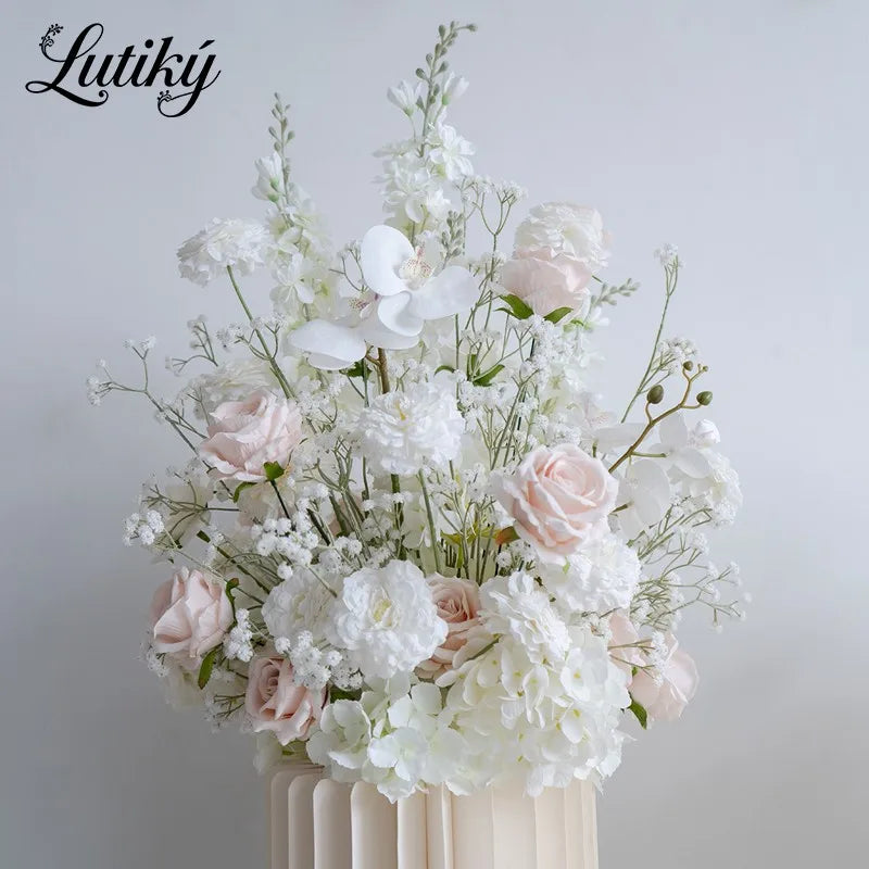 White Pink Floor Flower Row Decor Wedding Backdrop Table Centerpiece Floral Ball Baby's Breath Rose Stage Aisle Floor Flower