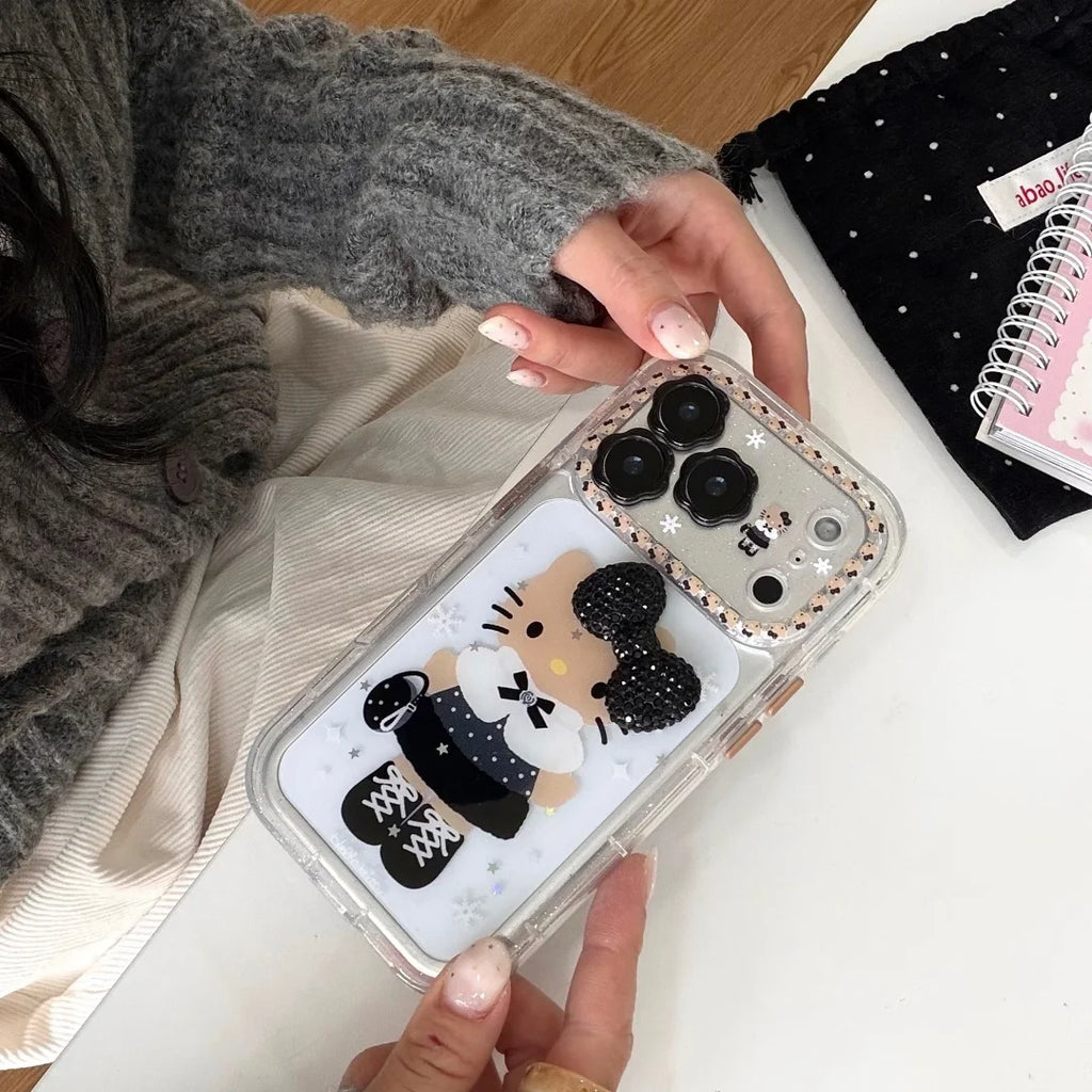 INS Korea 3D Glitter Bow Black Skin Hello Kitty Phone Case For iphone 17 16 15 14 13 Pro Max 17 Pro Lens Protection Cover