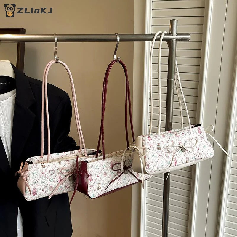 ▶1Pcs Sweet Bow Shoulder Bag Cartoon Print Underarm Bag Female Tote Bag Large Capacity Commuter Handbag Holiday Gift