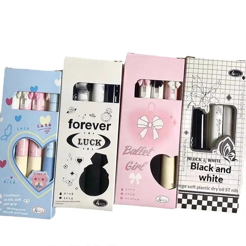 New 4 Pcs Black And White Bow Press Pen Soft Grip Super High Value 0.5mm Brush Question Quick Drying Press Cartoon Neutral Pen