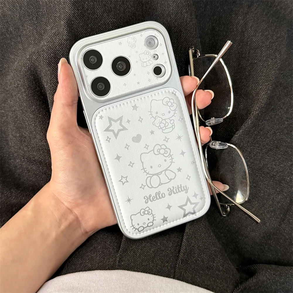 Korean INS Simple Line Star Hellokitty Leather Phone case for iPhone 17 Pro 14 15 16 Pro Max Fundas Cute Cartoon Protective cove