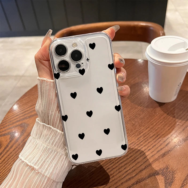 Lovely Black Love Hearts Phone Case for iPhone 17 Air 16E 15 14 13 12 11 Pro Max Plus Mini X Xs 8 7 Soft Clear Cover Coques