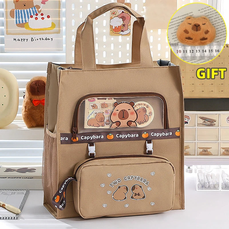 Kawaii Capybara Tutoring Bag, Primary School Student Canvas Storage File Bag, Cartoon Printing Large Capacity Tutoring Bag