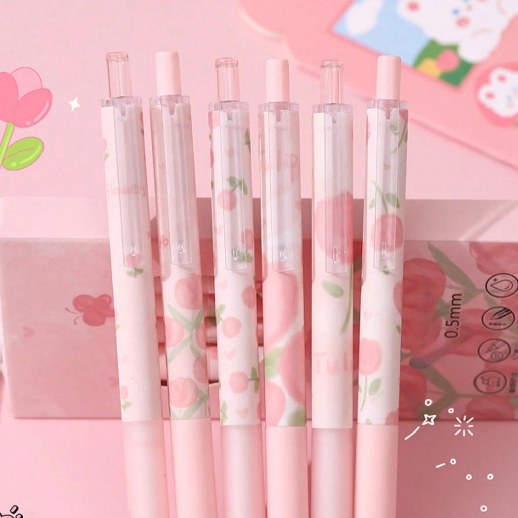 6pcs Cute Floral Gel Pens, 0.5mm Fine Point Black Ink – Smooth Writing Retractable Pens, Pink Tulip Design