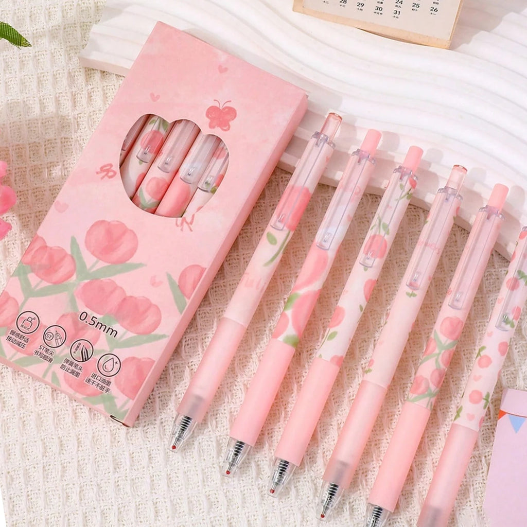 6pcs Cute Floral Gel Pens, 0.5mm Fine Point Black Ink – Smooth Writing Retractable Pens, Pink Tulip Design