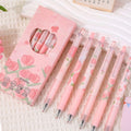 6pcs Cute Floral Gel Pens, 0.5mm Fine Point Black Ink – Smooth Writing Retractable Pens, Pink Tulip Design