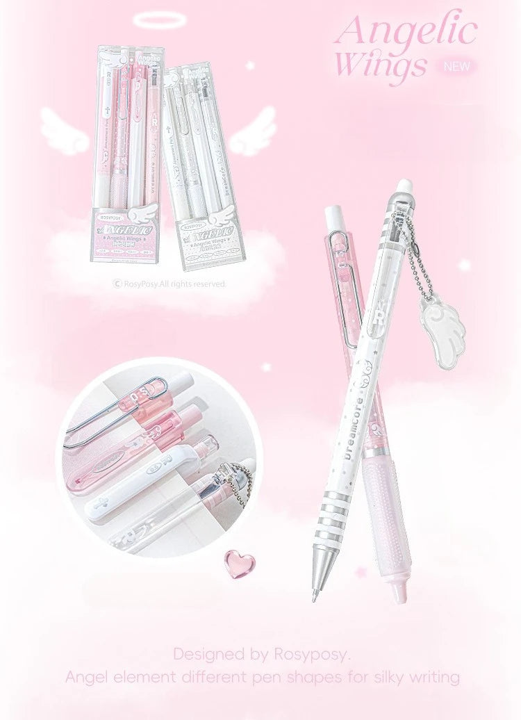 4pcs/set Pearl Angel Gel Pen Set Cute Exam Pens with Wing Design Kawaii Cartoon 0.5mm Black Ink for Kids Back To School Student