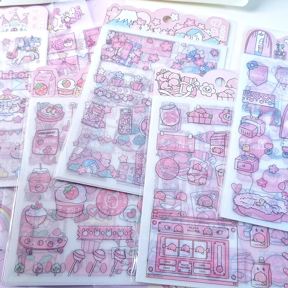 4Pcs Pink Cartoon Transparent Waterproof Material Stickers For Hand Account Pencil Case Decals
