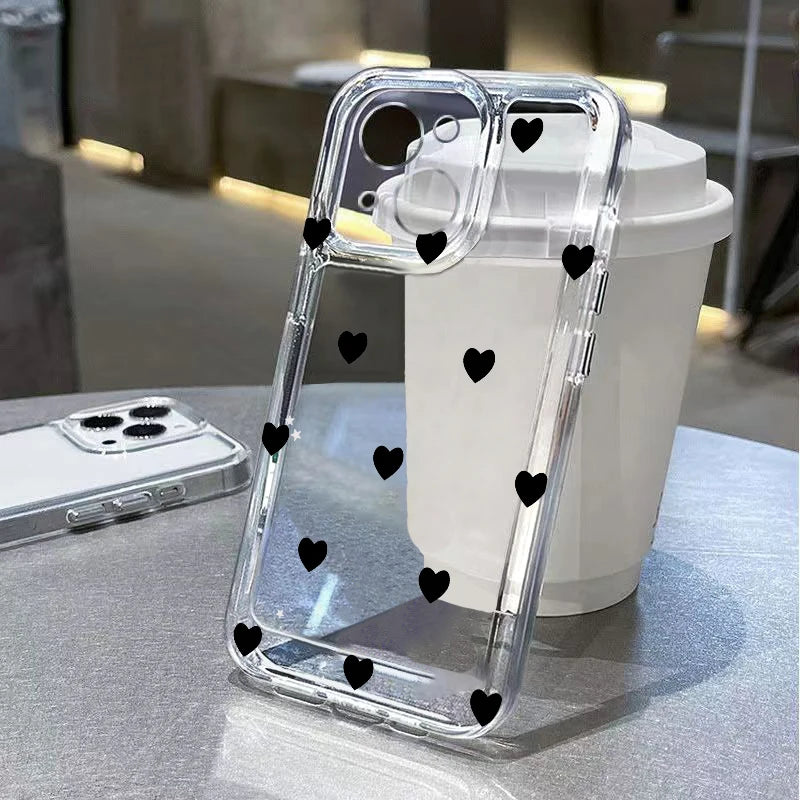Lovely Black Love Hearts Phone Case for iPhone 17 Air 16E 15 14 13 12 11 Pro Max Plus Mini X Xs 8 7 Soft Clear Cover Coques