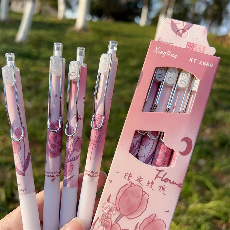 4pcs/box Aesthetic European Floral Gel Pen for Kids Girl 0.5mm Black Ink Study Staionery Writing Pen School Student Supplies