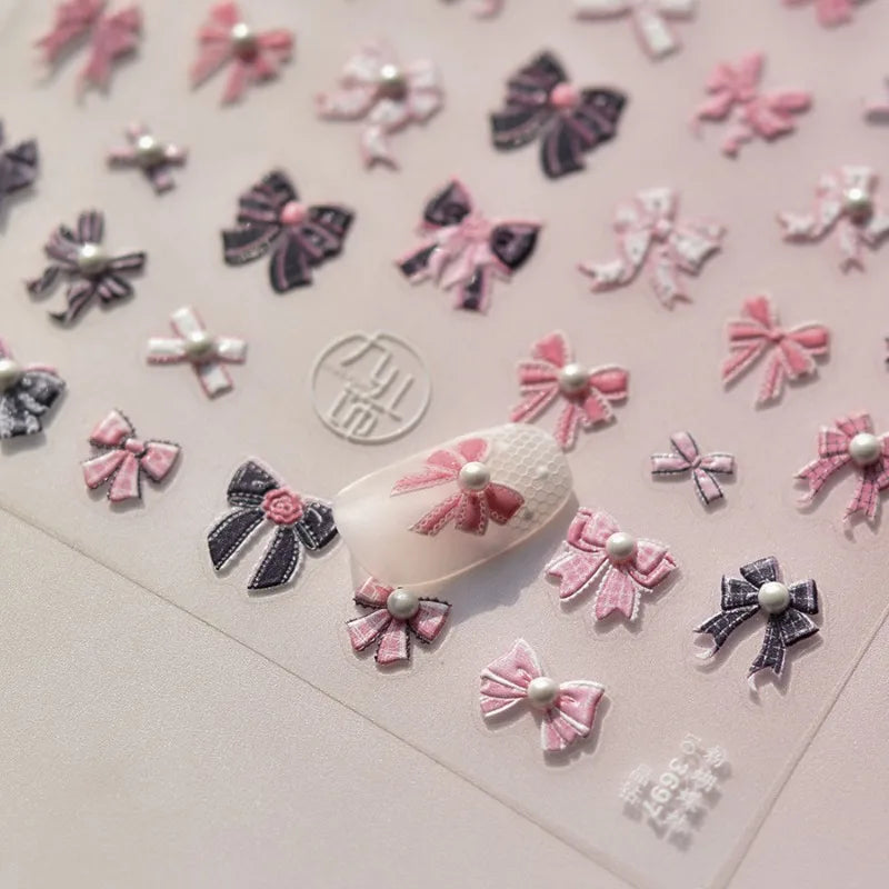 Pink Bow Nail Stickers 3D Rhinestone Nail Self-adhesive Manicure Stickers High Quality Decals Nail Art Decoration DIY Accessory