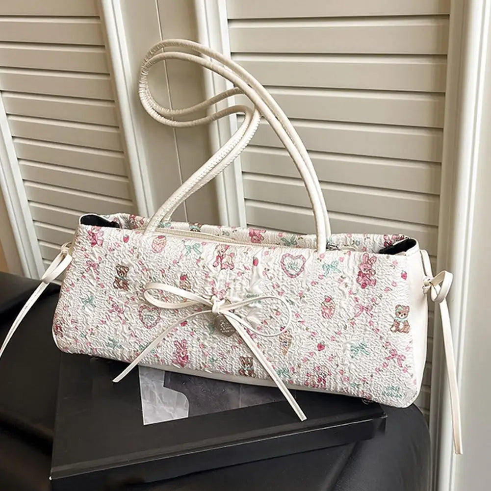 Cartoon Print Shoulder Bag for Women - Sweet Bow Underarm Bag, Pleated Versatile Tote, Casual Practical Commuter Handbag
