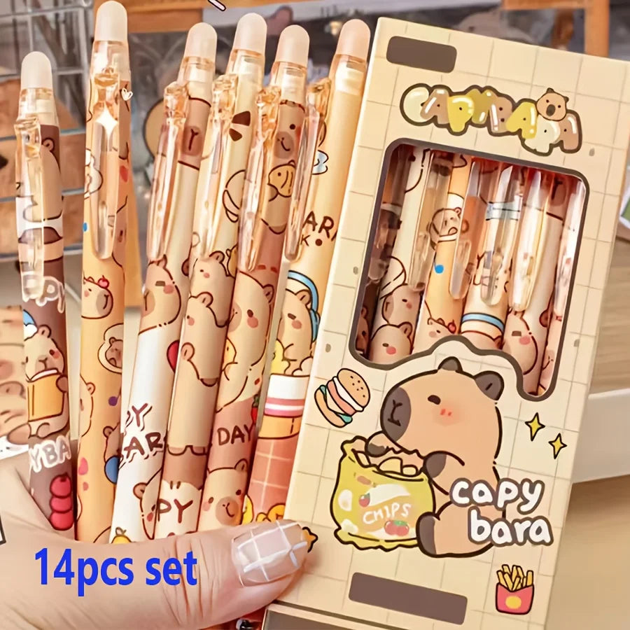 14pcs Set Cute Capybara Erasable Gel Pens 0.5mm Retractable Blue Ink Suitable for School and Office Smooth Writing