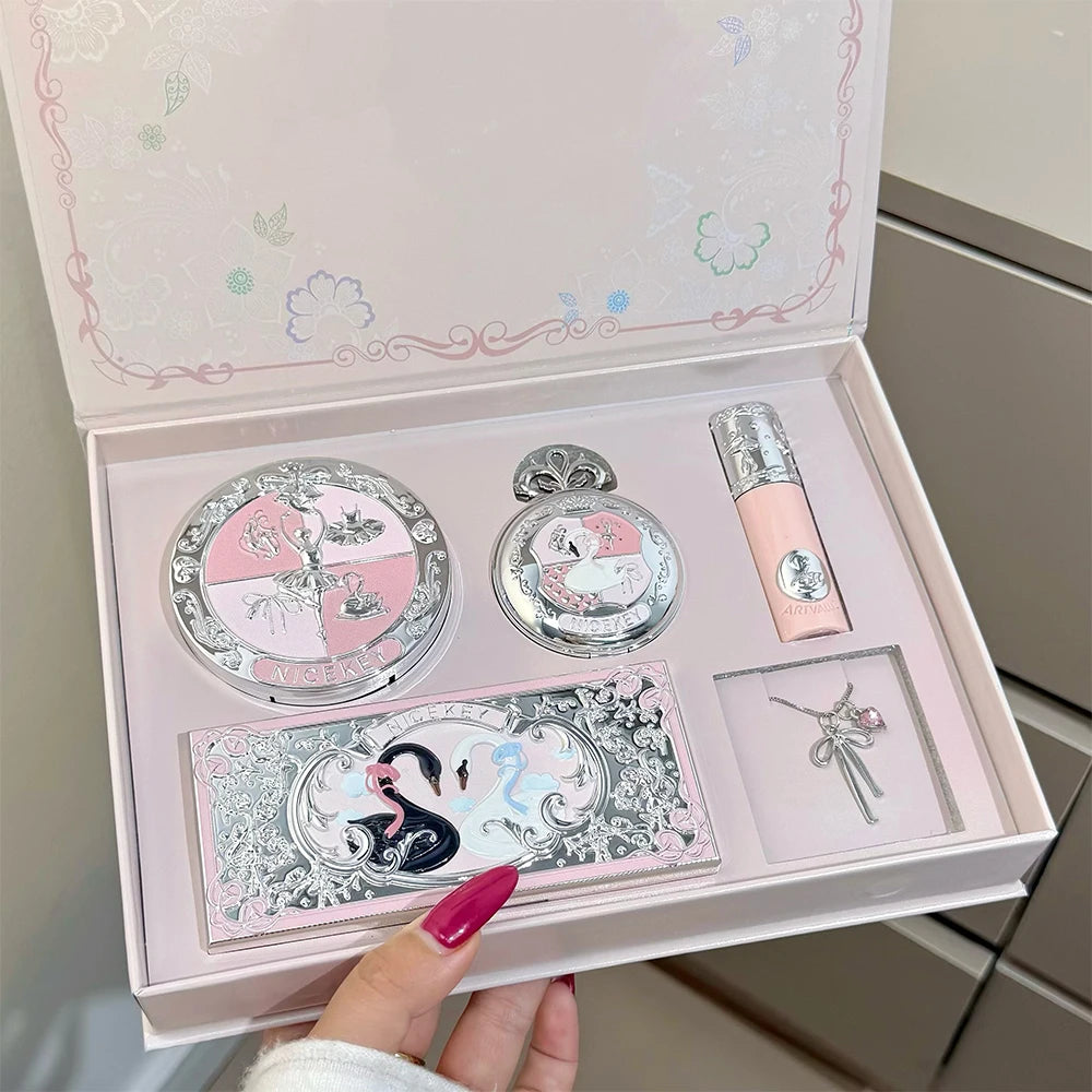 NICEKEY Pink Ballet Makeup Box Include 1*Lip mud,1*Pressed Powder,1*Highlight Powder,1*Eyeshadow Palette Powder With Necklace