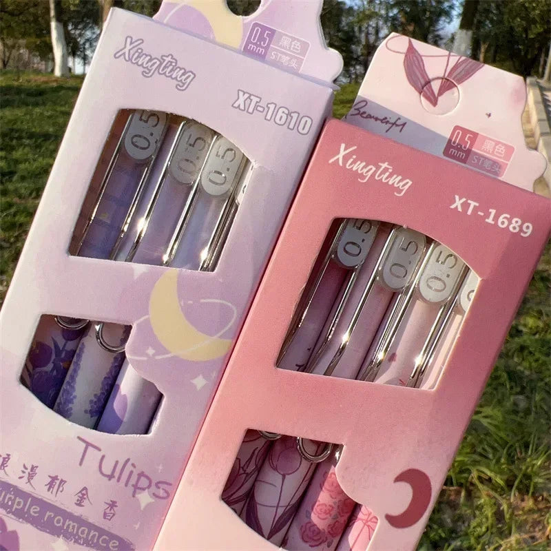 4pcs/box Aesthetic European Floral Gel Pen for Kids Girl 0.5mm Black Ink Study Staionery Writing Pen School Student Supplies