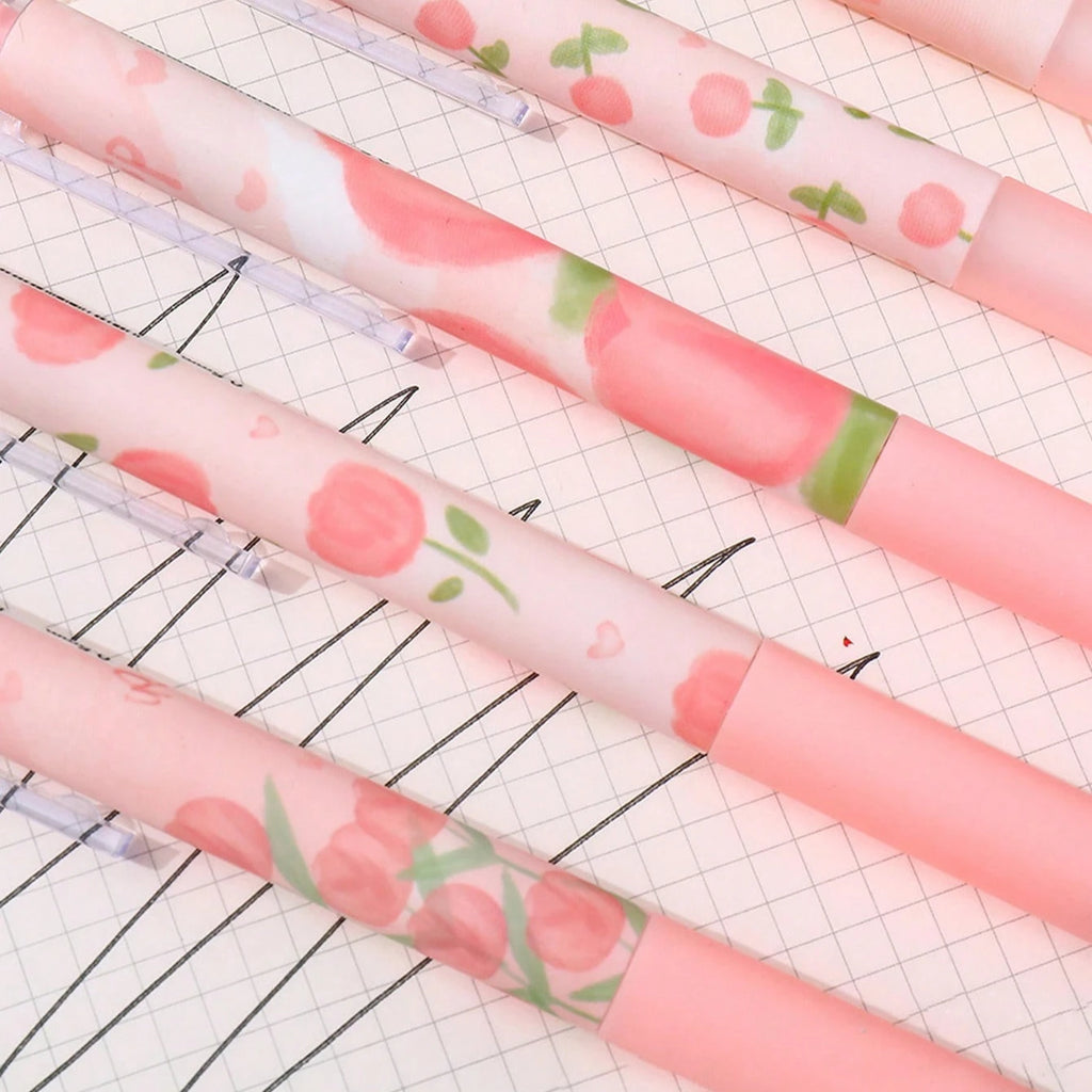 6pcs Cute Floral Gel Pens, 0.5mm Fine Point Black Ink – Smooth Writing Retractable Pens, Pink Tulip Design