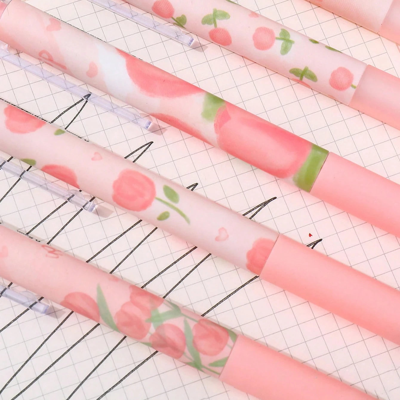6pcs Cute Floral Gel Pens, 0.5mm Fine Point Black Ink – Smooth Writing Retractable Pens, Pink Tulip Design