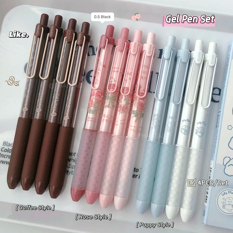 4PCS/Set Puppy Style Gel Pen Soft Grip Design 0.5mm Black Pen Rose Style Gel Pen Pen Clip Design Office Supplies
