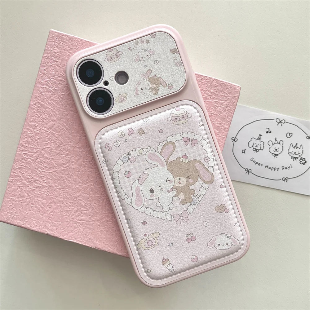 Cute Cherry Dessert Rabbit Leather Phone Case for iPhone 16 Pro 17 Pro Max 13 14 15 Funda with hinged Kawaii Shockproof Cover
